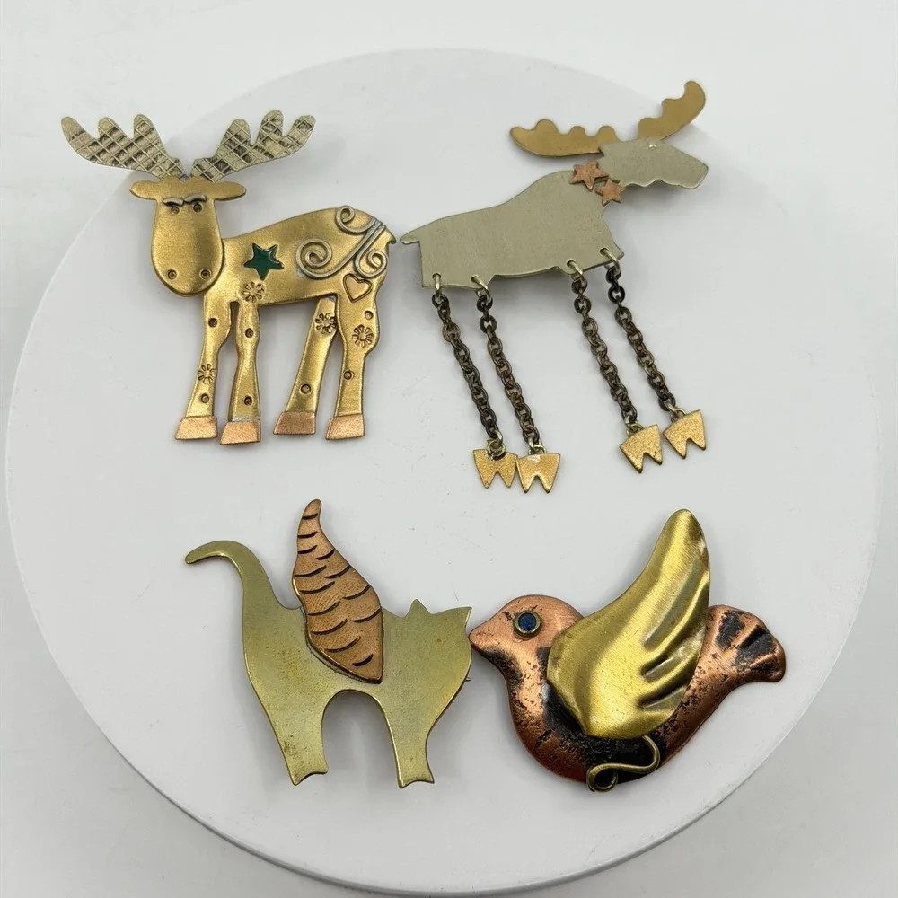Lot of 4 Brass & Copper Tone Animal Brooch Pin Moose Cat Bird Folk Art Christmas